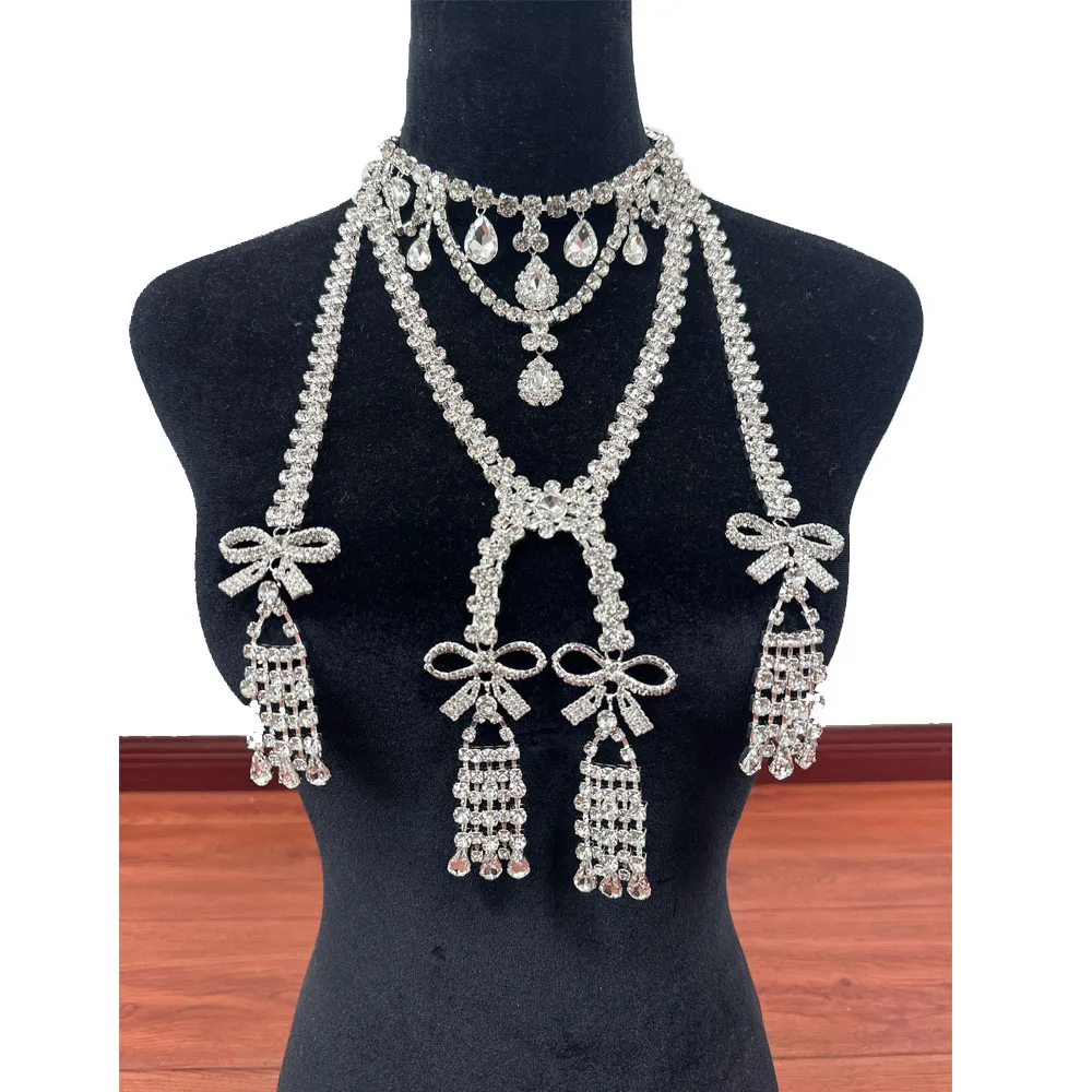 CUIER Exquisite Bowknot Fringle Tassel Rhinestone Necklace for Women Huge Size Body Chain Jewelry for Fashion show Accesories