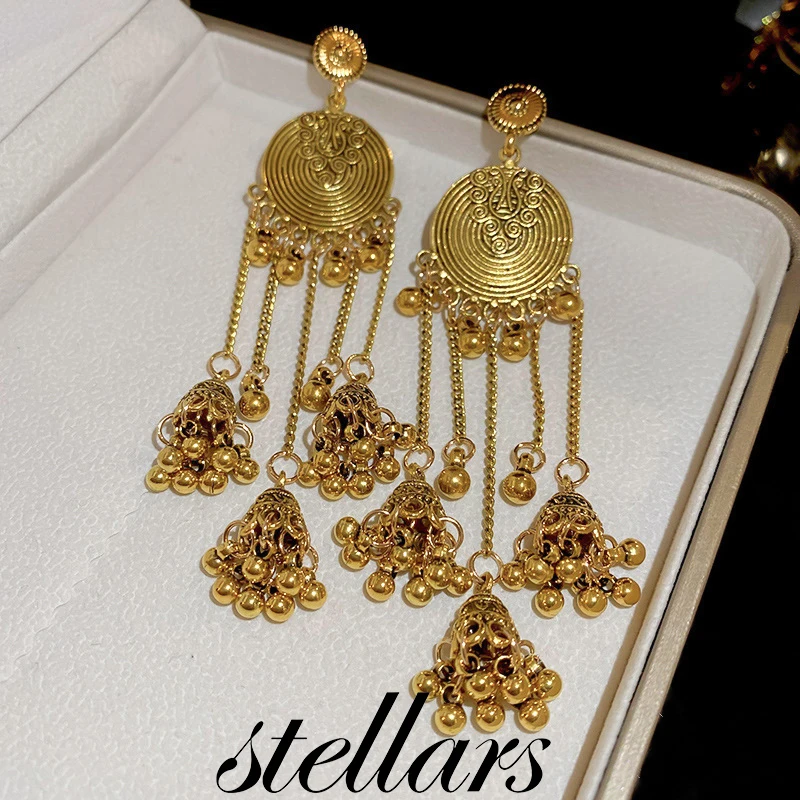 

Vintage Distressed Ethnic-style Round Wind Chime Tassel Silver Needle Earrings Stylish with a High-end Metallic Feel for Women