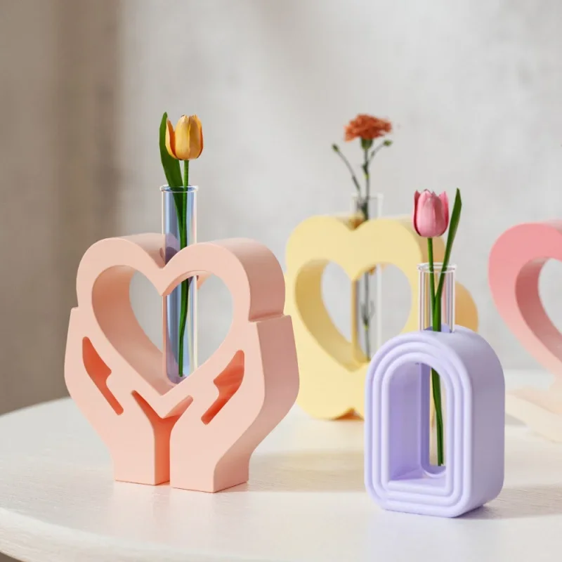 Holding Heart Shaped Hydroponic Vase Silicone Mold DIY Arch Test Tube Flower Vase Concrete Resin Molds Home Office Desktop Decor view 5