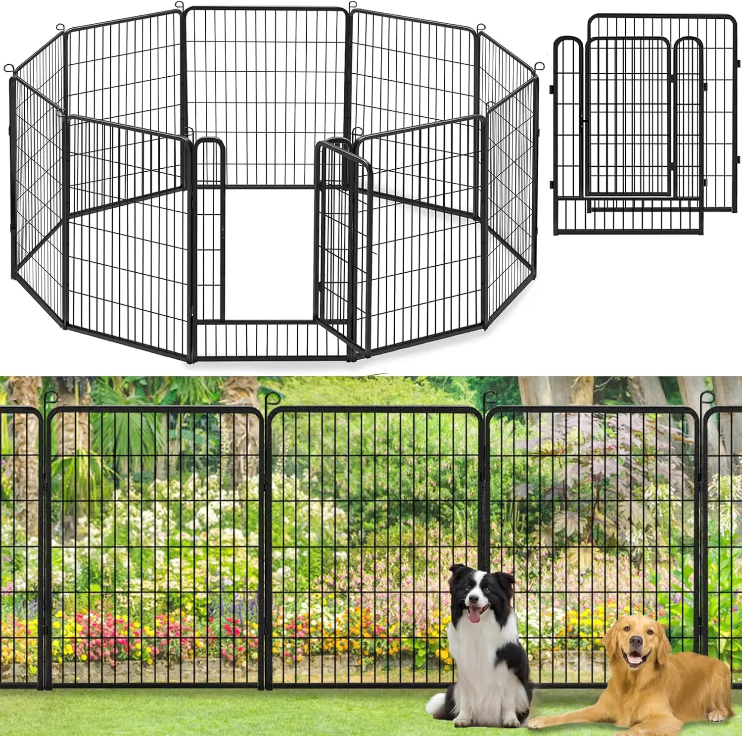 Decorative Garden Fence Metal Fence Panels No Dig Animal Barrier with Gate, 40in(h) x 23ft(l) Garden Edging