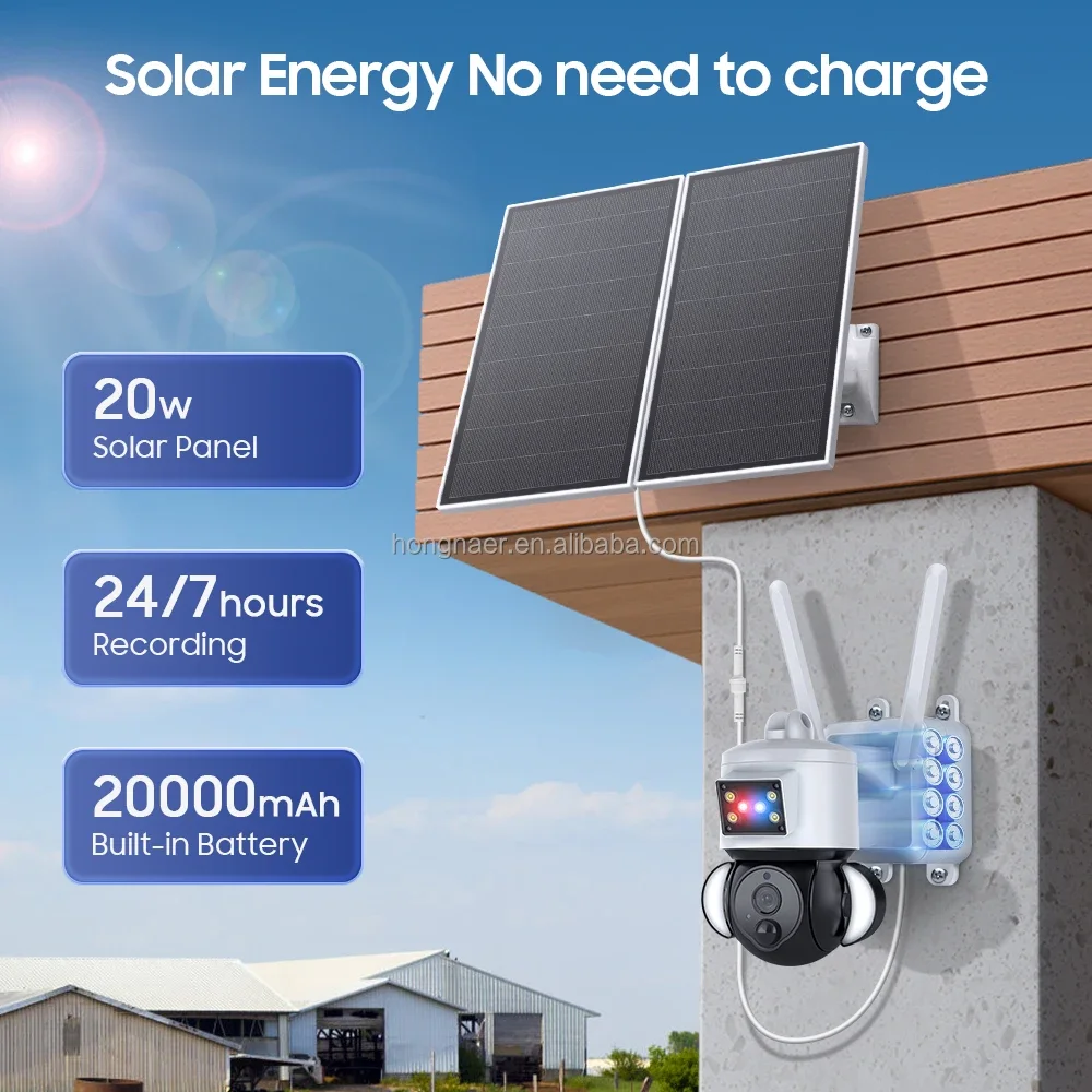 2026 Hongnaer 3MP 20W Solar Powered Wireless 4G Security PTZ Camera 7/24 Record AOV Ubox Outdoor WiFi 4G Sim Card Solar CCTV Cam
