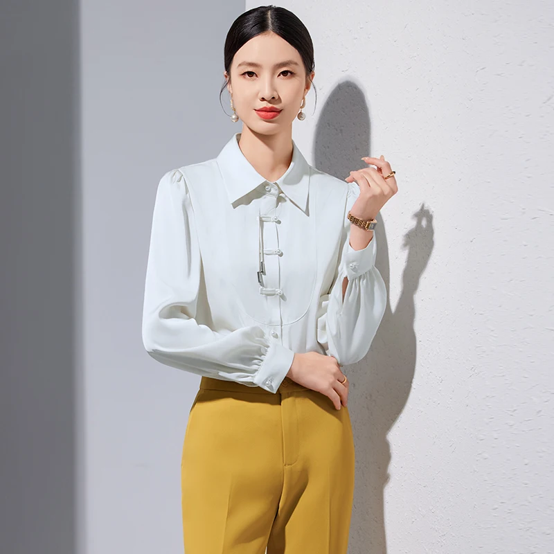 NAVIU Women\'s Clothing Vintage Chinese Style Button Up Shirt Office Lady Elegant Commuting Blouse Solid Long Sleeve Loose Tops