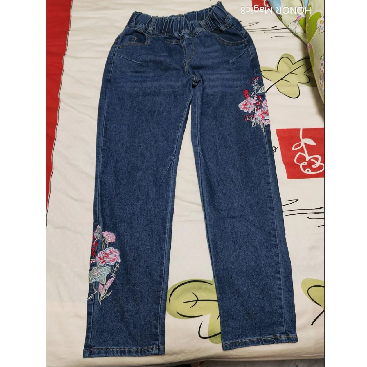 Large Size Women Embroidered Jeans New Spring Autumn Elastic High Waist Denim Pants Middle Aged Mother Straight Cowboy Trousers