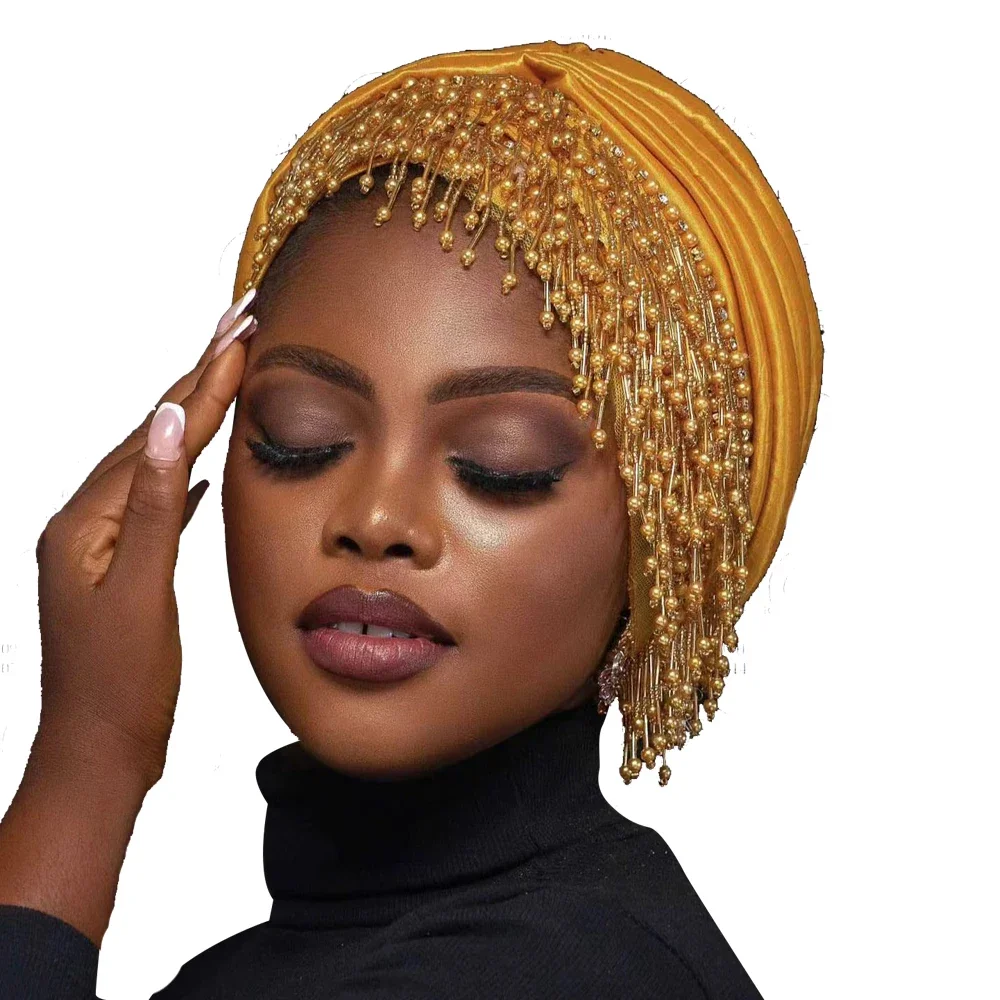 Pleated Beading Headscarf Hat Turbante Mujer 2024 New Tassels Turban Cap for Women African Raw Silk Head Wraps Bonnet