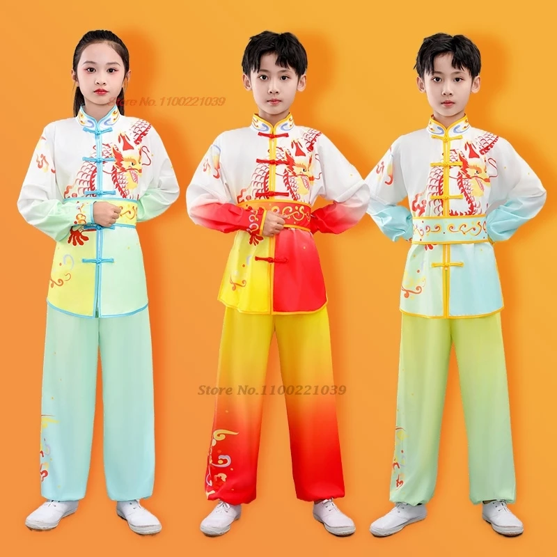 

2025 chinese children vintage wushu clothing martial arts uniform kung fu suit dragon print exercise stage performance costume