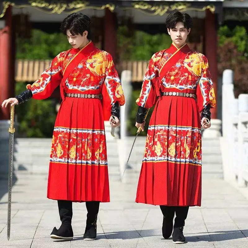 Original Chinese Red Hanfu Men Women Traditional MIng Dynasty Dragon Pattern Printing Dress Stage Performance Flying Fish Suits