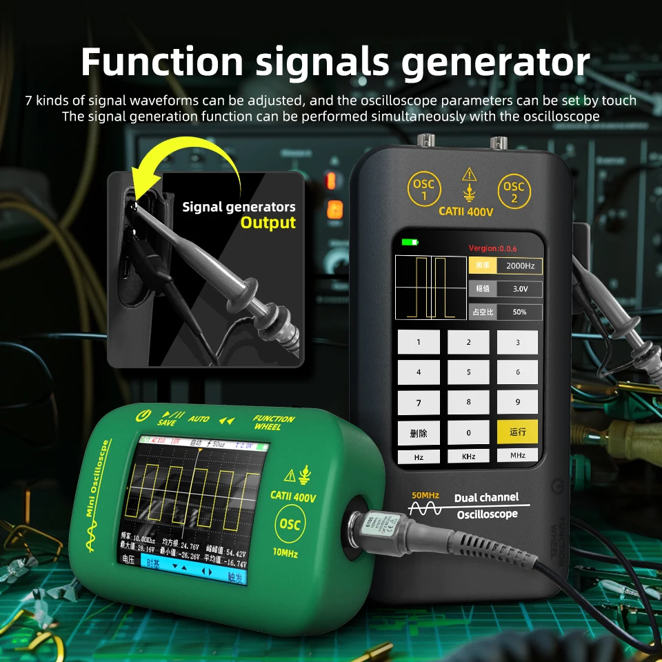 BSIDE Handheld Touchscreen Oscilloscope + Signal Generator, 3.98 Inch Dual Channel 50MHz Digital Oscilloscope Waveform Tester