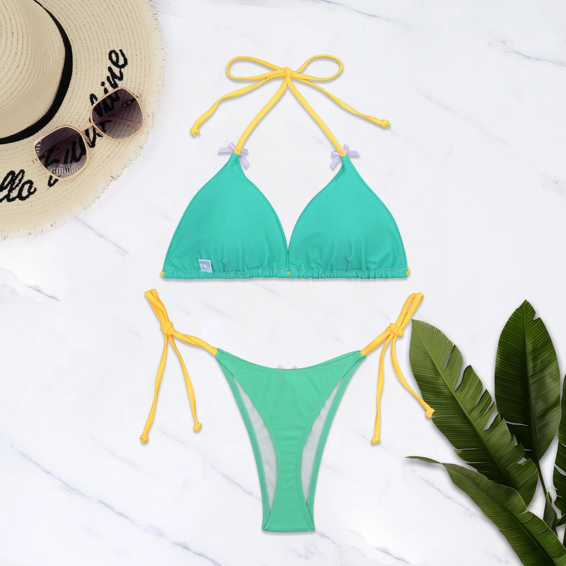 sexy bow string halter mini micro bikinis sets two pieces back tie padded thong swimwear swimsuits female bathing suit biquini