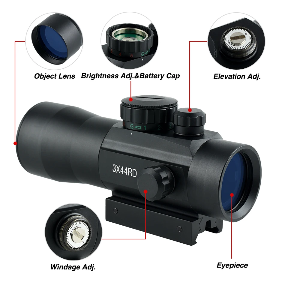 3X44 Green and Red Dot Aiming Cross Tactical Optical Sight Adjustable Hunting Glasses 20mm Track Installation
