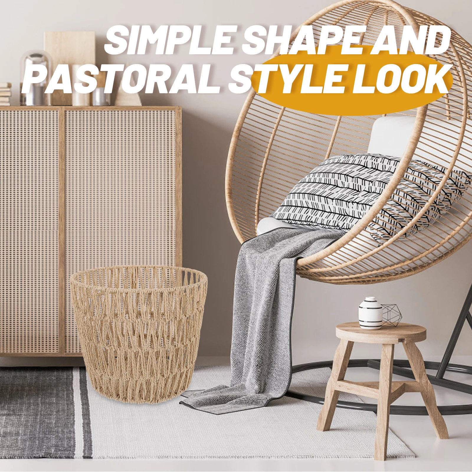 

Rustic Woven Trash Can Bathroom Kitchen Garbage Basket Floor Waste Bin Home Storage Laundry Decorative Dustbin