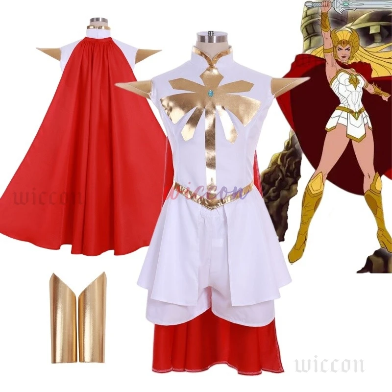 Adult Women Fantasy She-Ra Princess Cosplay Costume Dress Cloak Crown Headband Outfits Halloween Carnival Party Suit