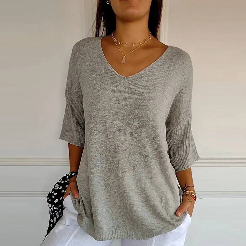 Simple Casual Solid Loose-fitting Sweater Women New Spring V Neck Bottoming T-shirt Autumn Half Sleeve Thin Knitted Top Pullover