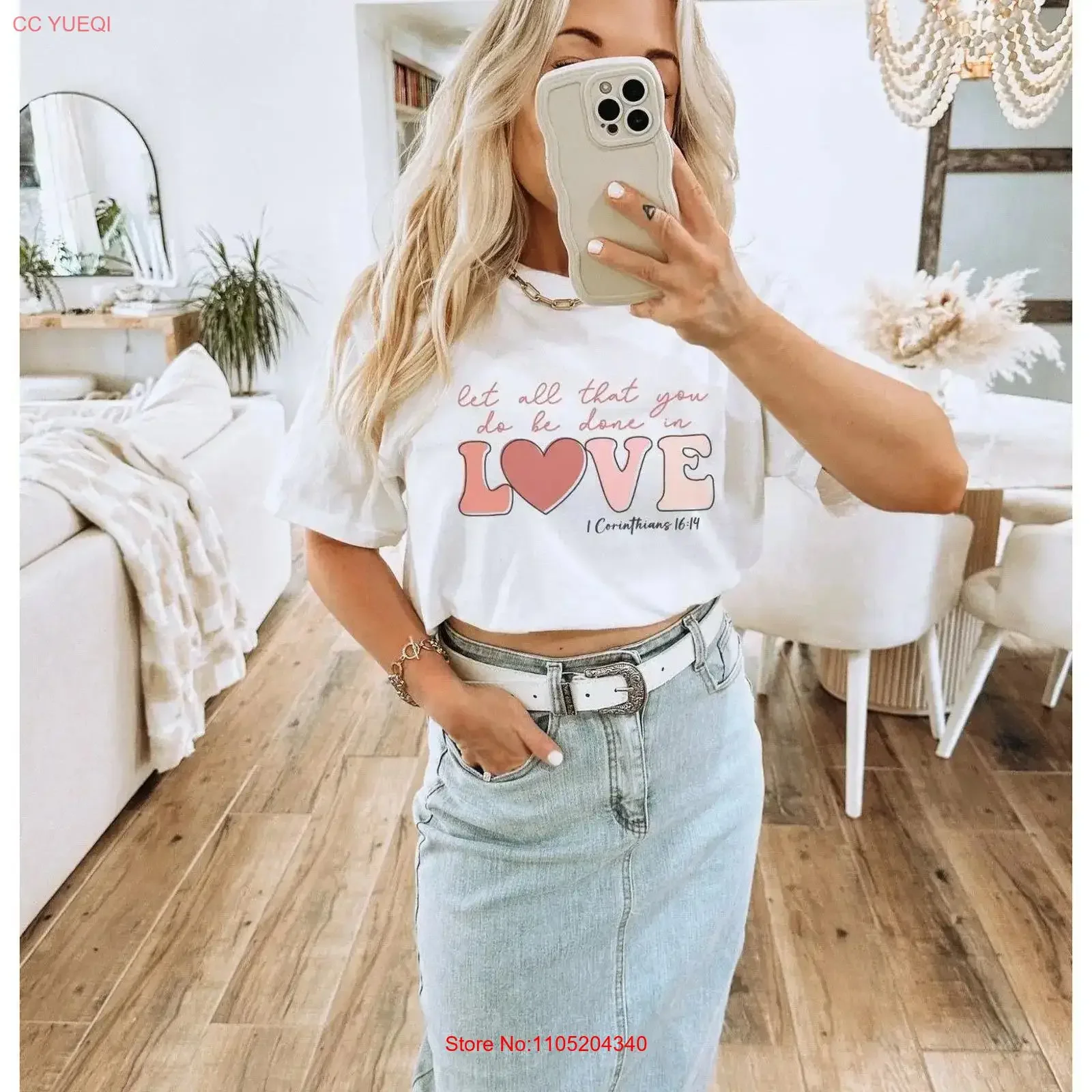 Deixe tudo que você faz camiseta premium dia dos namorados amor mulher cristã versículo da bíblia 1 corinthianos escritura vintage lavado