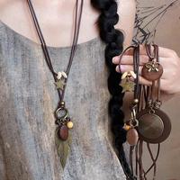 Vintage Boho Metal Feather Necklace For Women Antique Long Collar Chains Pendant Handmade Statement Jewelry Layers Accessories