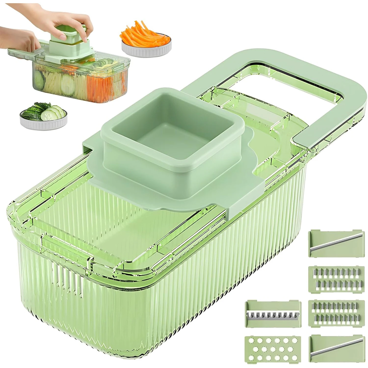 Multifunctional Food Grater, Six Cutting Tools Vegetable Chopper, Vegetable Chopper with Container(1Cutter+6Blades+Drain Basket)