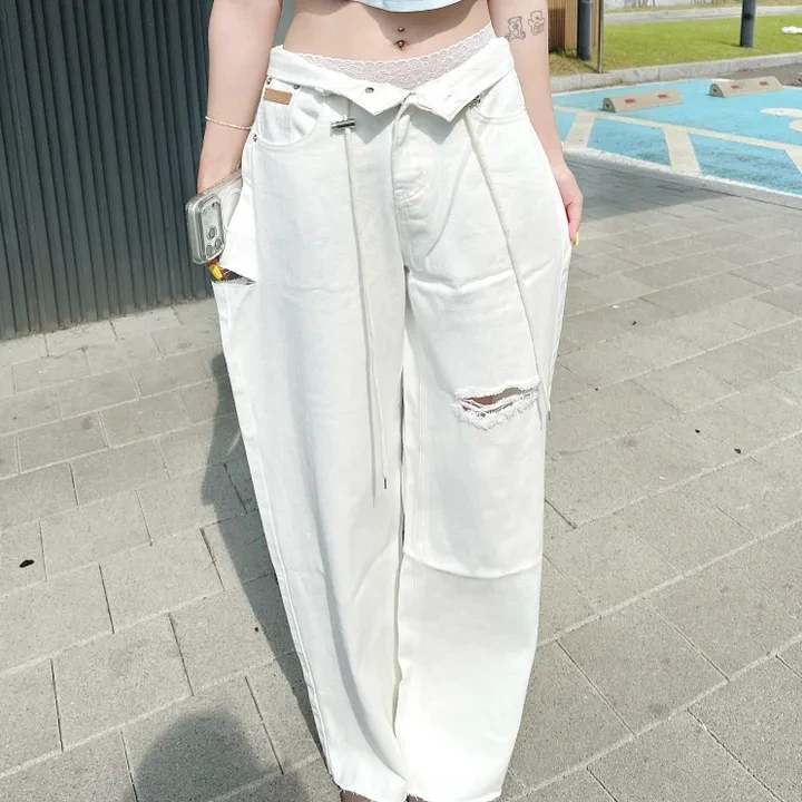 Korean Style High Waist Wide Leg Denim Pants Casual Washed Cotton Jeans Floor Length Trousers Patchwork Cuffed Hole Design