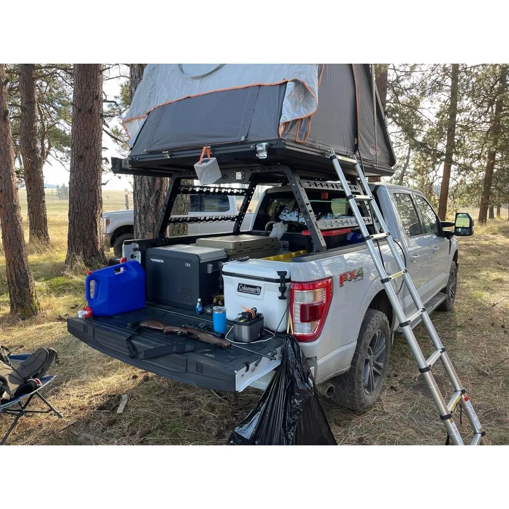 Overland AXIS Estante para cama de camión ajustable universal de 17" a 25" con luces LED Camas de 6' (62" OAL) Tienda superior para techo Overland