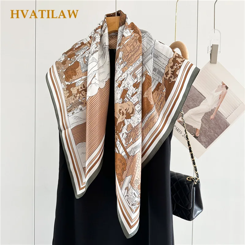 New 100% Natural Mulberry Silk Square Silk Bandana 88x88cm for Women Watercolor Print Soft Bag Scarf Decoration Hijab Shawl Wrap view 2