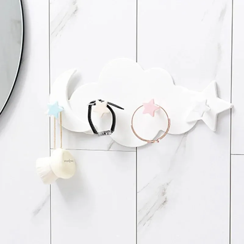 Kitchen Self Adhesive Hooks Kawaii Cartoon Cloud Children's Room Cartoon Star Moon Cloud Non punching Hook Household Keychain