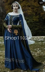 Customized  Navy Blue Renaissance Medieval Outfits Prom Dresses Fairy Long Sleeve Lace Embroidery Bustle Halloween Evening Gown