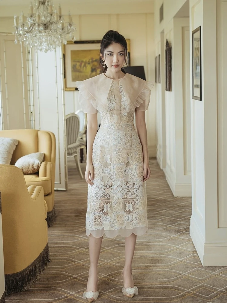 

Luxury Lace Embroidery Dresses Spring Women Big Collar Ruffle Edge Irregular Dress Summer High Waist Zipper Knee Length Dress