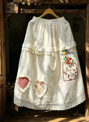 Mori kei clothing Japanese style sweet cotton lace embroidery long skirts for women summer white lace patchwork skirt lolita