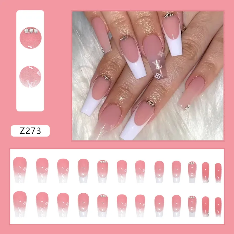 Full Cover False Nails with Glue Long Square Coffin Fake Nails French Detachable Ballet Flower Diamond Design Press on Nails