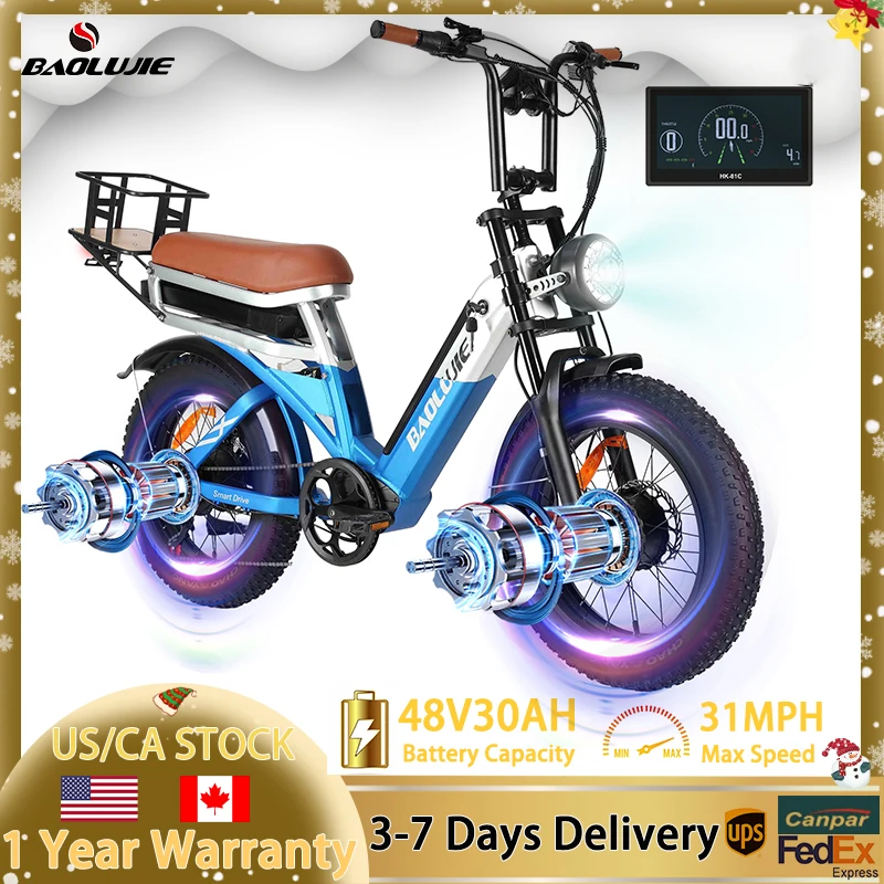 

BAOLUJIE Electric Bicycle City Bike 2000W Adults Electric Bike 2000W Dual Motor 48V 30AH Battery 20" Ebike Mountain Moped Ebikes