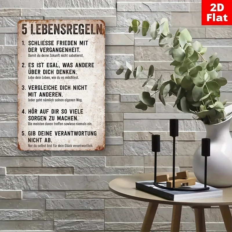 2D Flat - Inspirational 2D Flat Metal Sign, 1 - The 5 Rules of Life | Wall Decoration in with German Introduction, Perfect for H
