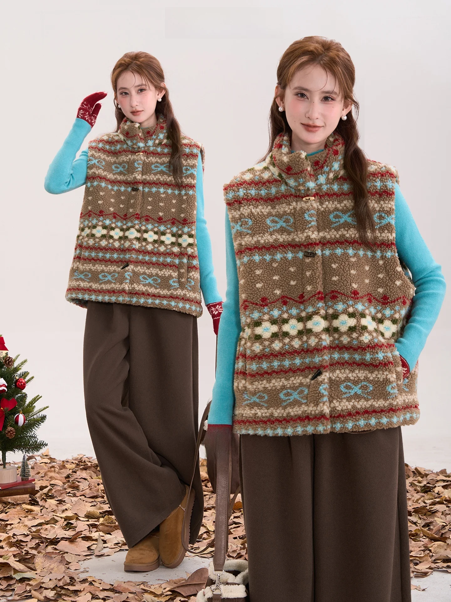 

Heme Vintage Fair Isle Lamb Fur Vest Women's Outerwear Autumn Winter Thickened Polyester Geometric Pattern Single Button
