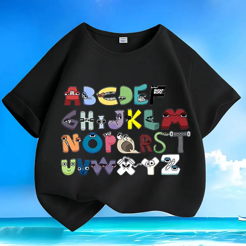 New Style Cartoon Letter Monster Summer Casual Men's and Women's Short-sleeved Pure Cotton Shirt for Children and Teenagers