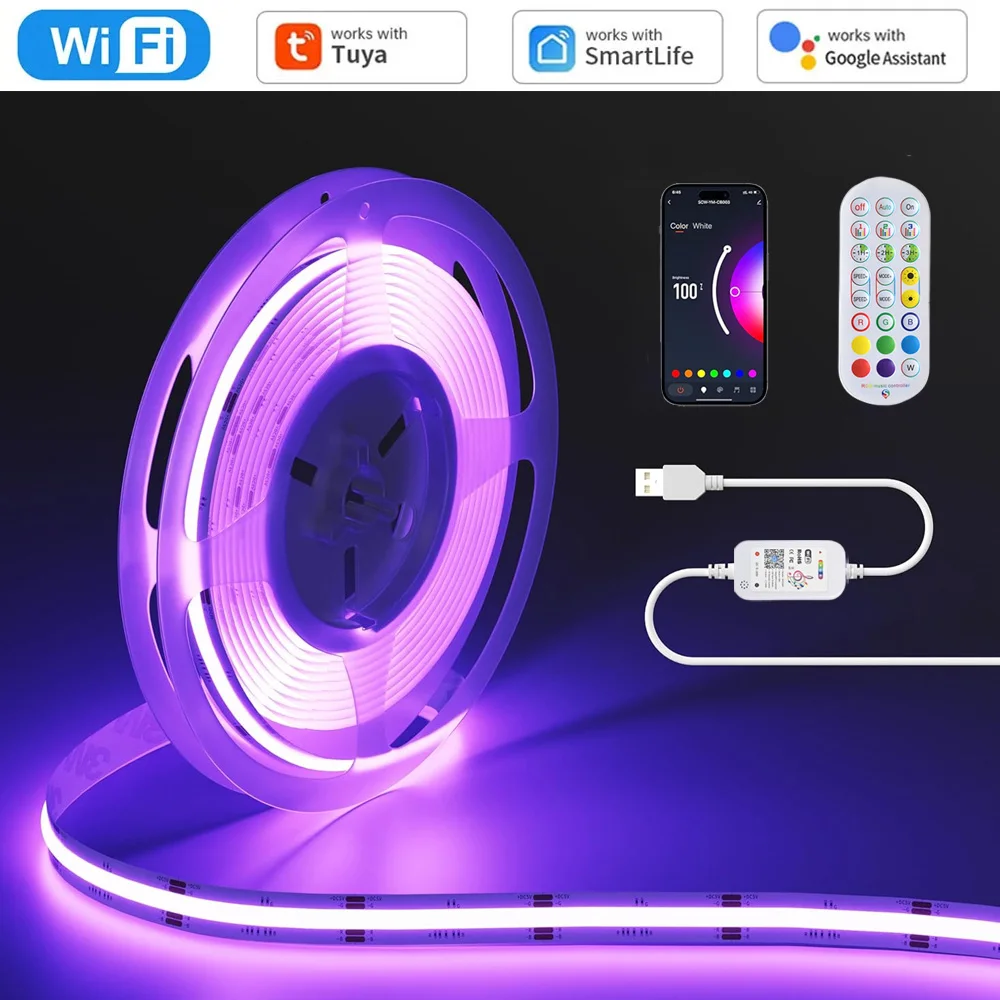 USB 5V WiFi COB RGB LED Strip 1M 2M 3M 4M 5M Remote Control TV Back Game Room Light Deco Tuya Smart Life APP f Alexa Google Home