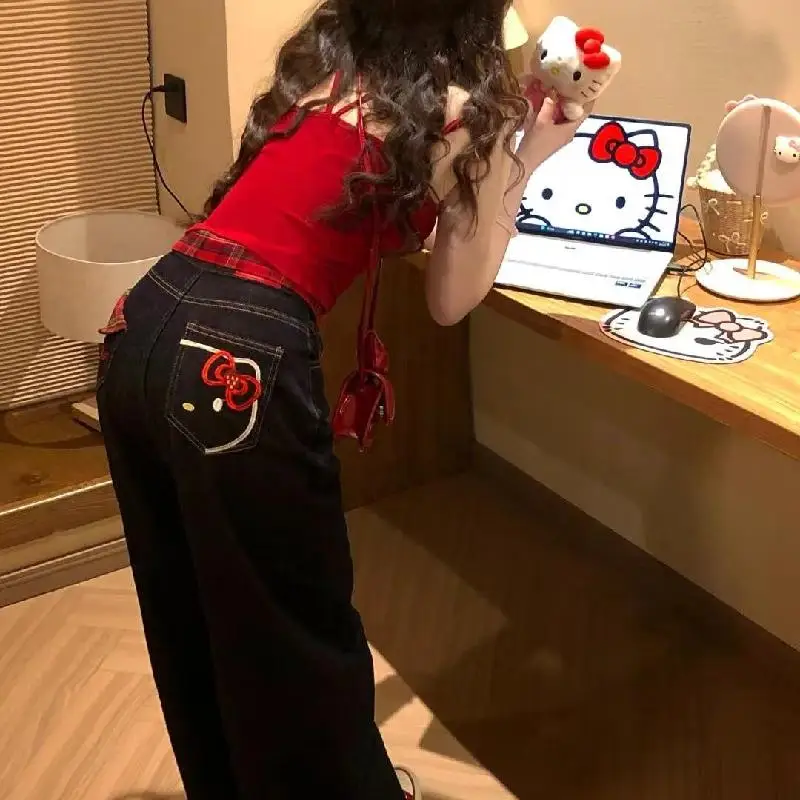 سانريو مرحبا كيتي المتضخم جينز مطبوع أنيمي Y2K موضة الهيب هوب الاتجاه شارع العليا Harajuku نمط عادية مستقيم بانت المرأة #4