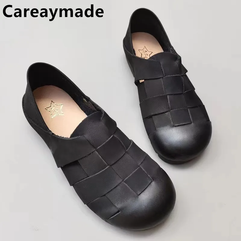 Careaymade-Genuine leather woven women\'s shoes,round toe flat soft sole anti slip breathable handmade man single shoes big size