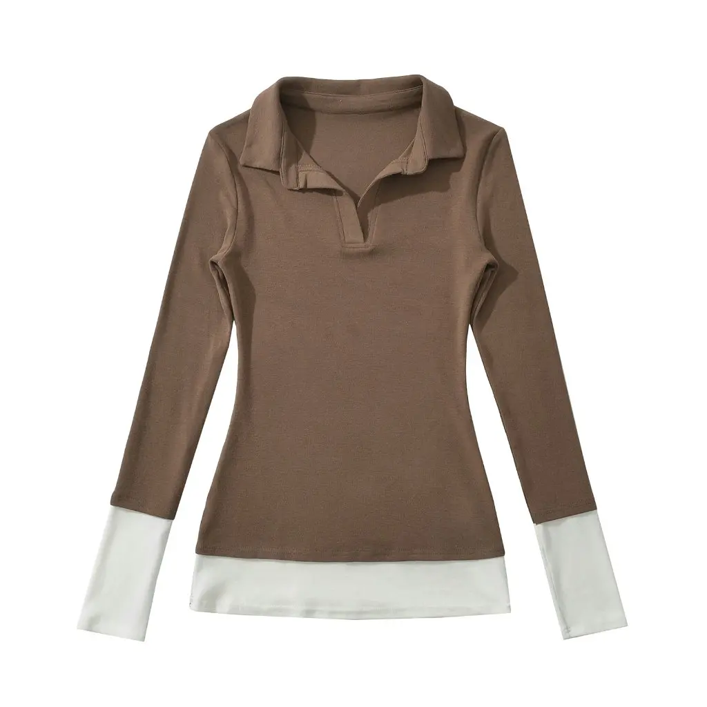 

Women's Slim-fit Long-sleeved T-shirt Korean Style Cool Polo Collar Fake Two-piece Base Top for Autumn And Winter