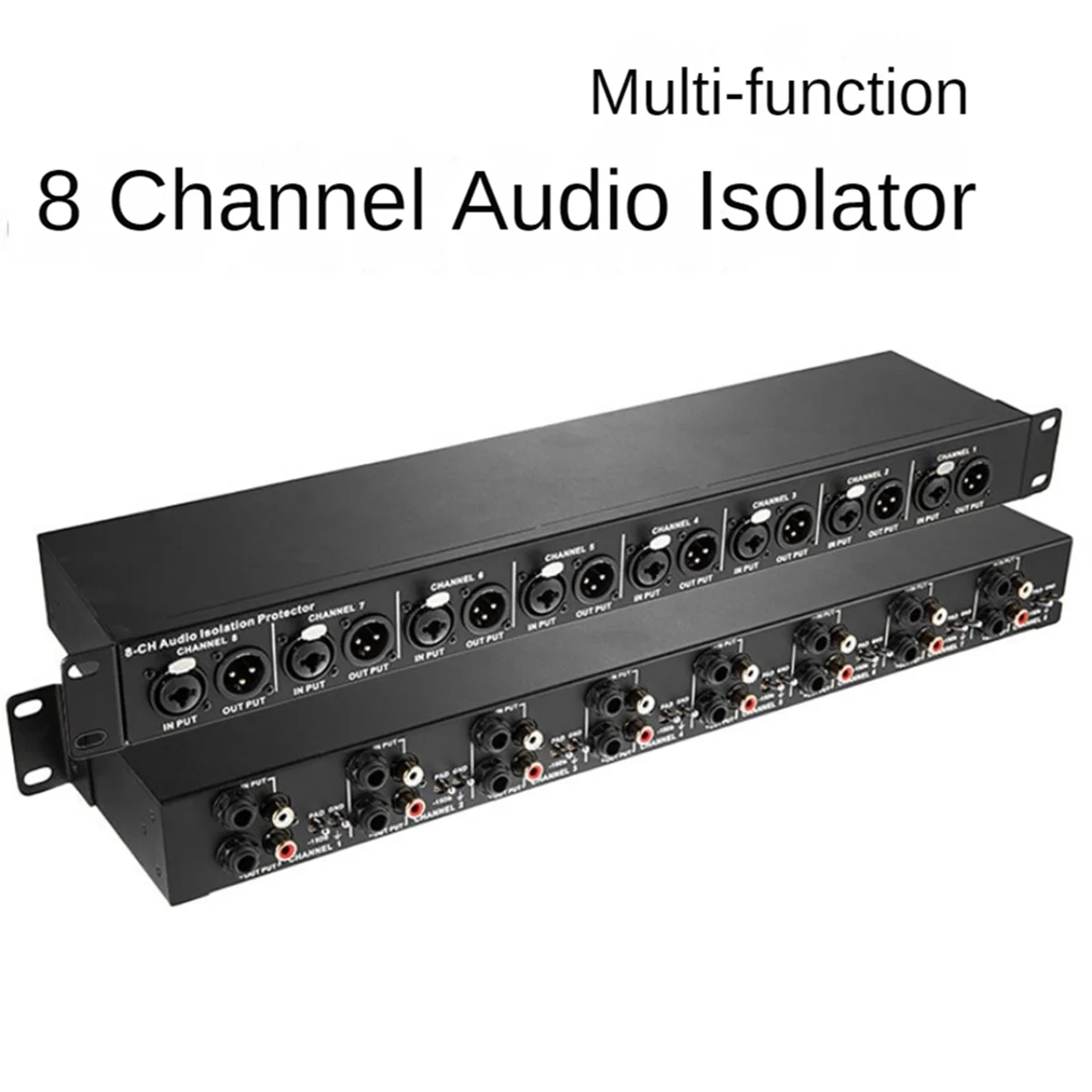 T8ตัวแยกเสียง8แชนแนลมัลติฟังก์ชั่นที่ติดตั้ง XLR 6.35มม. 1U ตัวแยกสัญญาณเสียงช่วยขจัดกระแสในปัจจุบัน