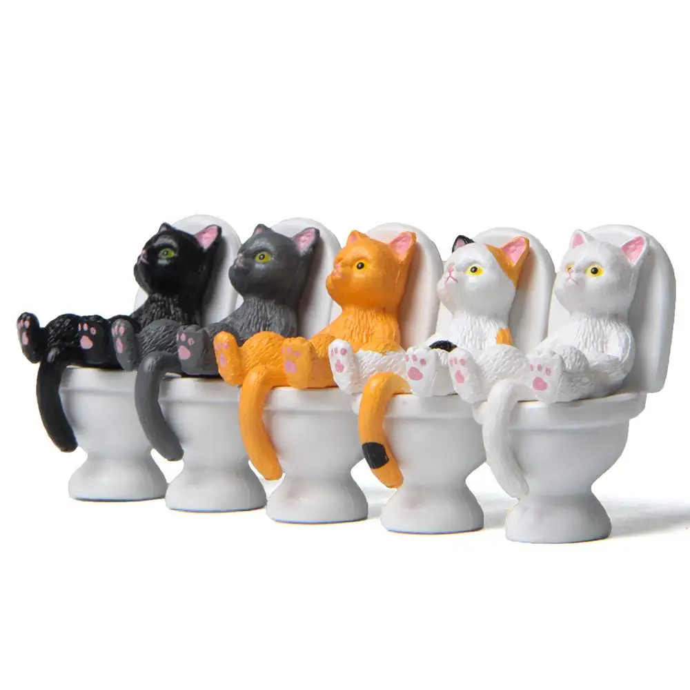 

Cartoon Kitten Toilet Desktop Decorations 5-Style Plush Toy Cat Lying Belly Covering Landscape Doll Resin Craft Plastic