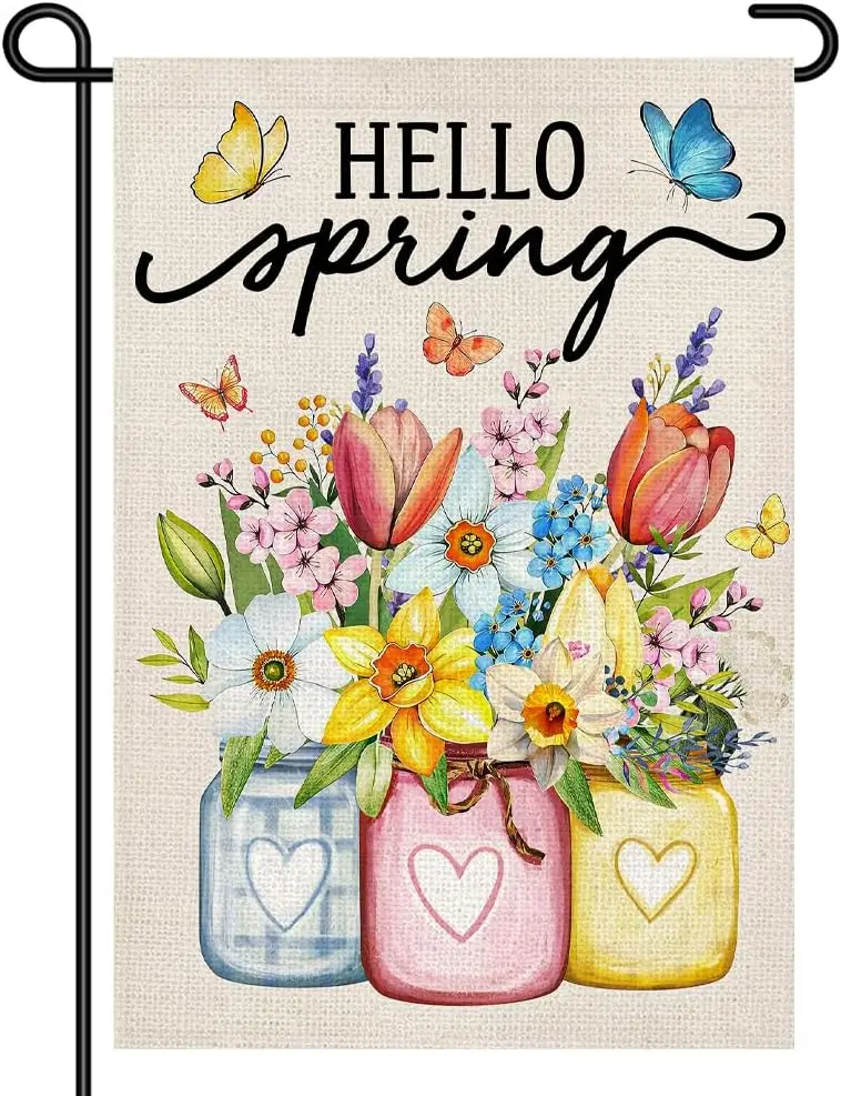 Hello Spring Garden Flag 12x18 Inch Double Sided Small Yard Sign, Mason Jar Floral Welcome Outdoor Decor for Spring Porch La ZZM