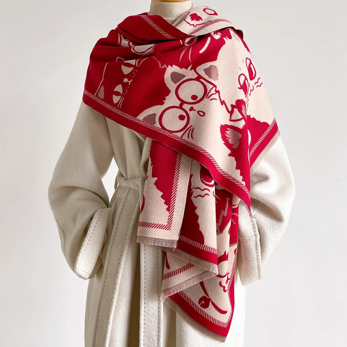 Winter Warm Faux Cashmere Women Scarf Elegant Retro Cute Bow Kitten Double Color Reversible Big Shawl For Dating And Office