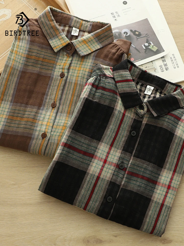 

Новинка 2025, осенняя рубашка с длинными рукавами из хлопковой пряжи, женская клетчатая рубашка с отложным воротником, модная мягкая повседневная свободная блузка Mori Girl T59884CC