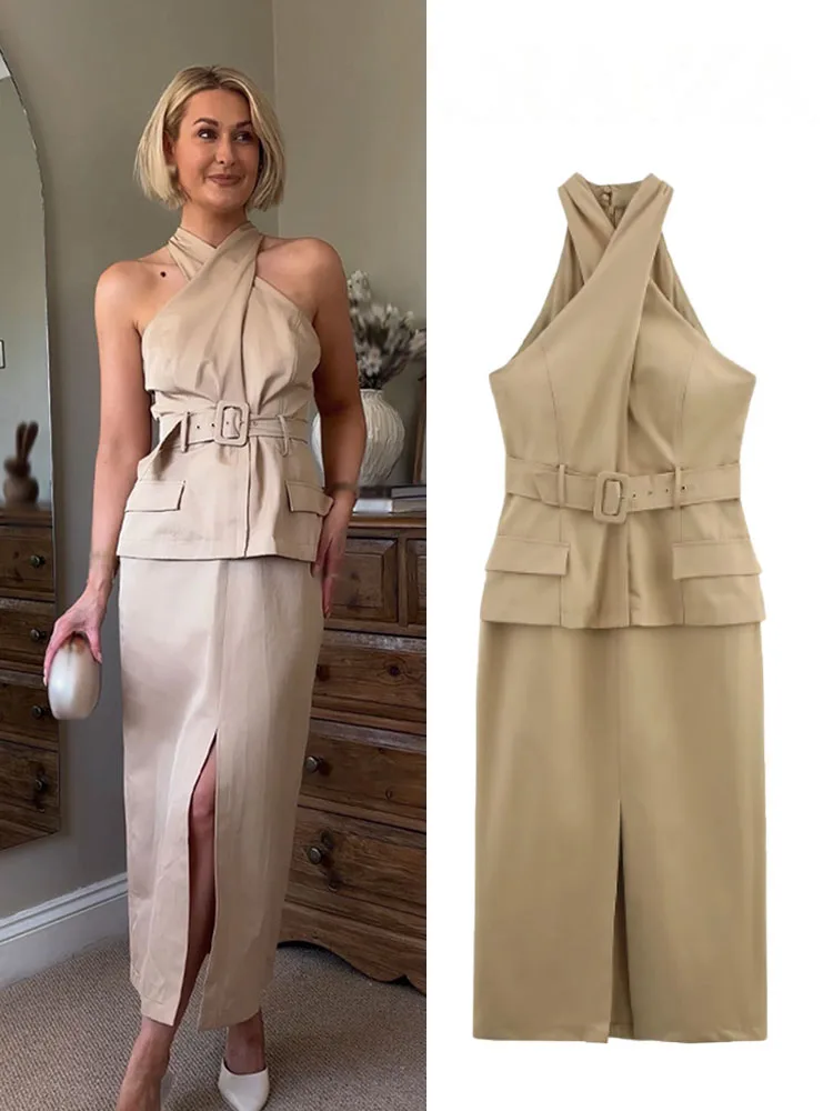 HH Mode Kaki Riem Cross Design Midi-jurk Zomer Damesstraatkleding Slim-fit Kantoorrok Commuter Outfit