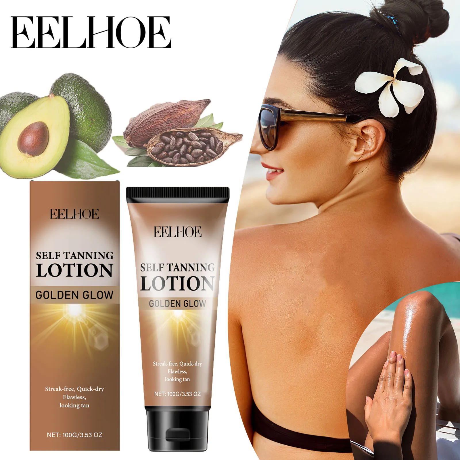 EELHOE Sunless Tanning Lotion Long-lasting Promote Tanning Natural Glow Faster Cocoa Butter Shea Butter Can Face and Body 100g
