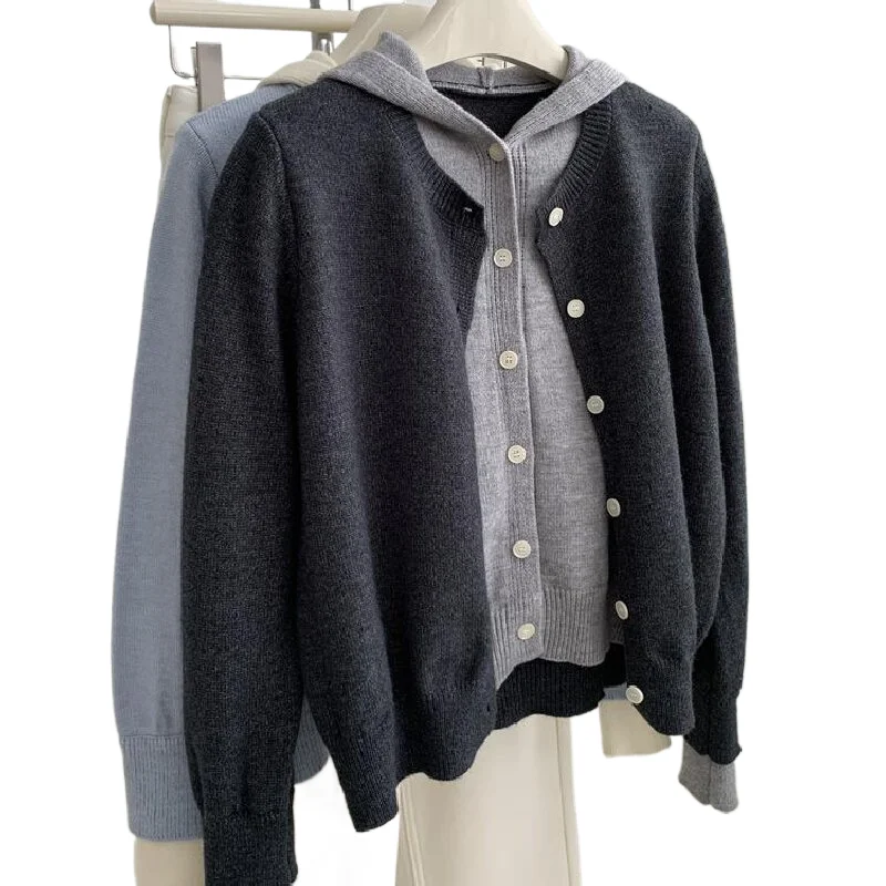 

Цветной свитер с капюшоном, женский вязаный кардиган из двух частей с длинными рукавами, весенне-осенний свободный универсальный топ