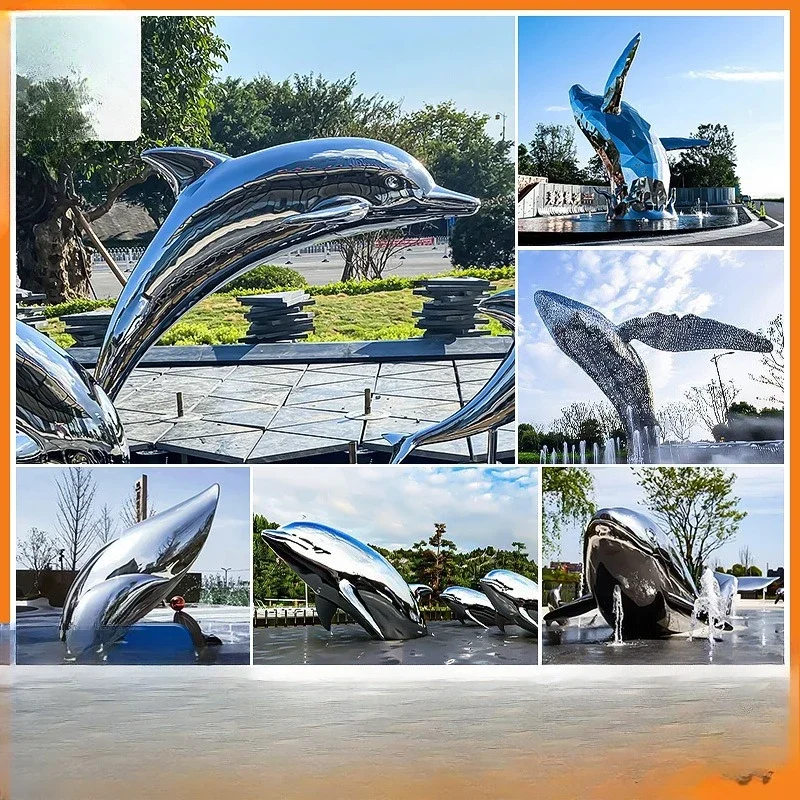 Hotel door landscape decoration ornaments, large creative mirror whale sculpture, stainless steel dolphin water sculpture