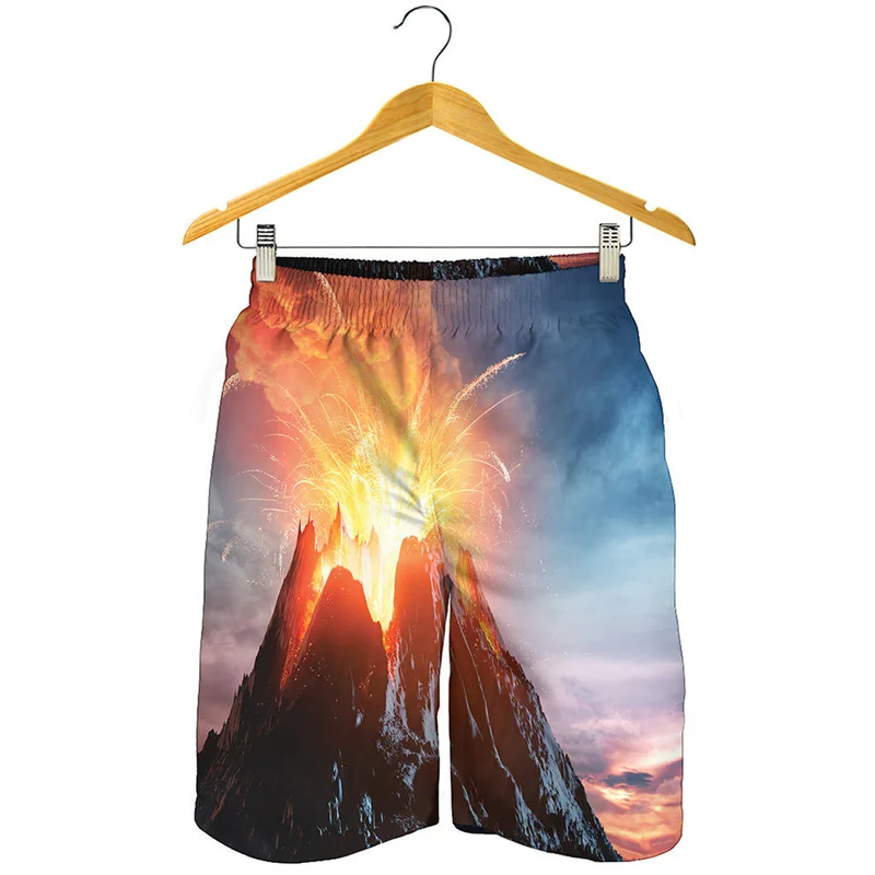 Erupting Volcano 3D Printed Beach Shorts Men Clothes Magma Pattern Swimming Trunks Summer Streetwear Oversized Short Pants