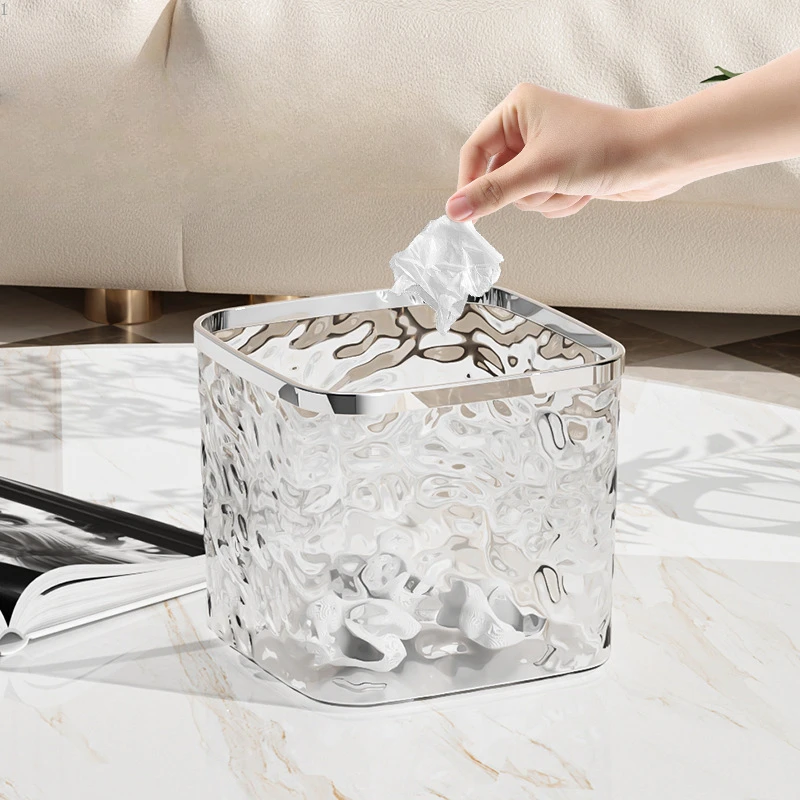 Light Luxury Glacier Water Wave Pattern Desktop Fruit Shell Bucket Press Type Spring Cap Garbage Bin with Lid