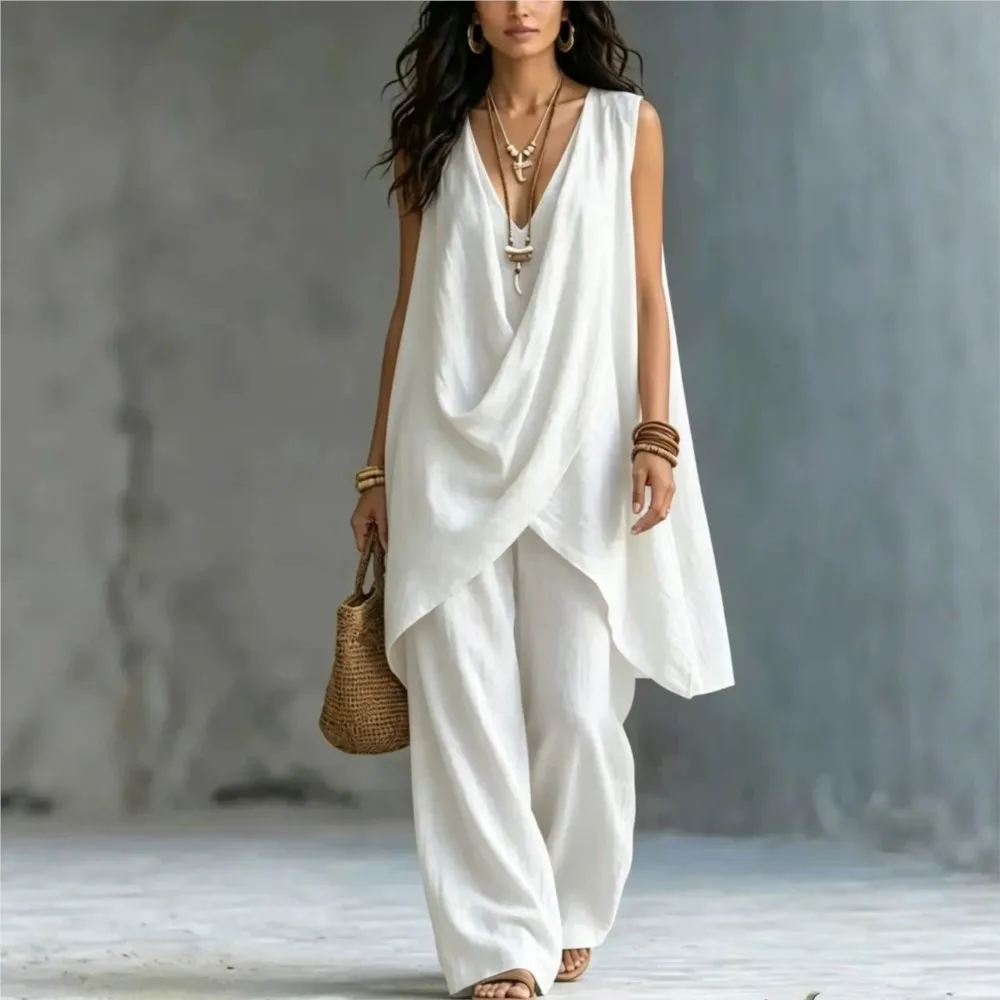 Women Solid Sleeveless Draped V Neck Irregular Long Tops Wide Leg Pants  2-piece Set Summer Casual Vacation Loose Female Sets