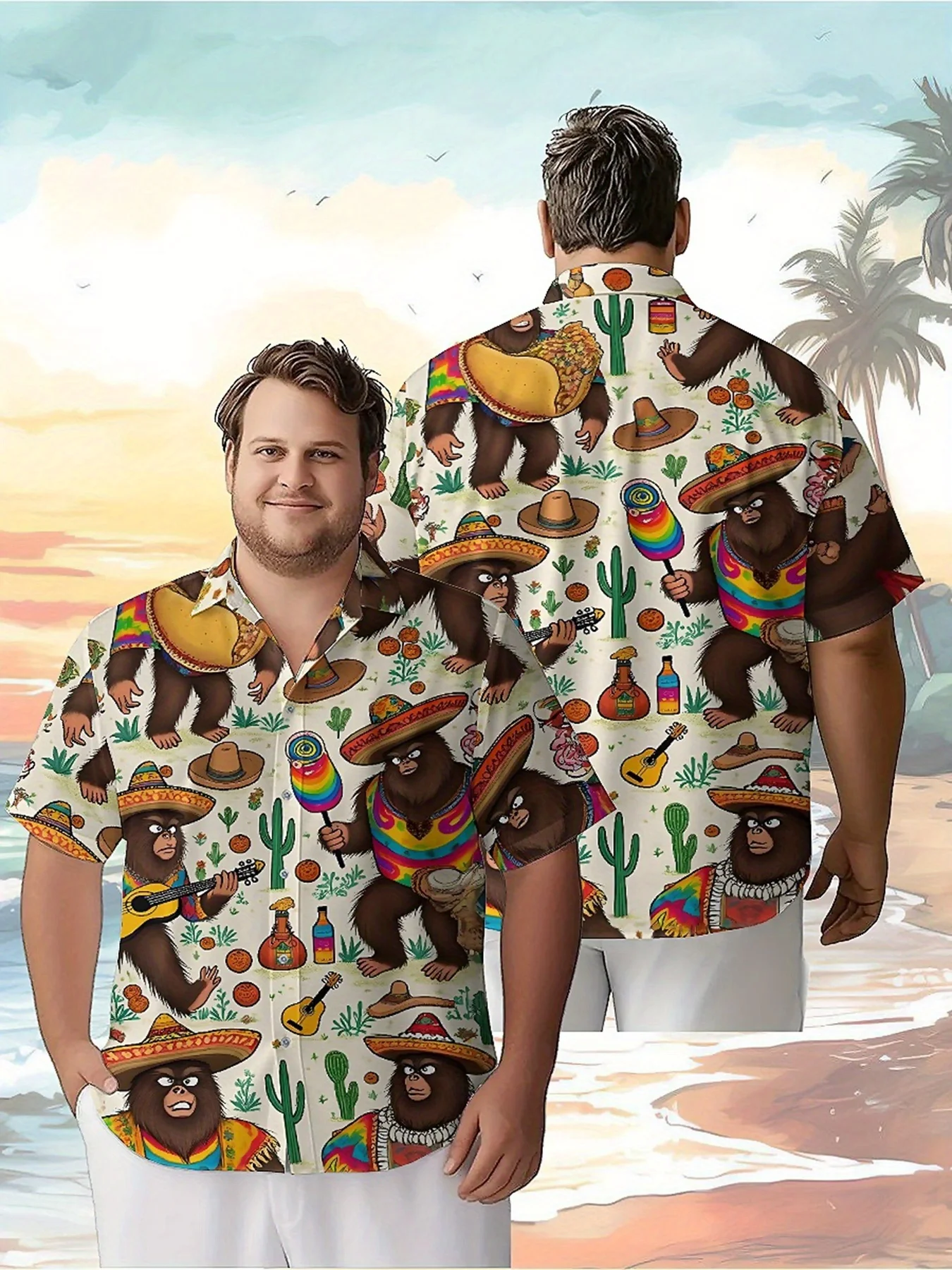 Men's Plus Size Hawaiian Shirts Mexican Carnival Theme Bear Music Party pattern, Summer Casual Top for Outdoor,party, Streetwear