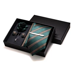 Luxury Dark Green Stripes Silk Ties for Men Wedding Accessories Mens Necktie Pocket Square Cufflinks Pin And Elegant Gift Box