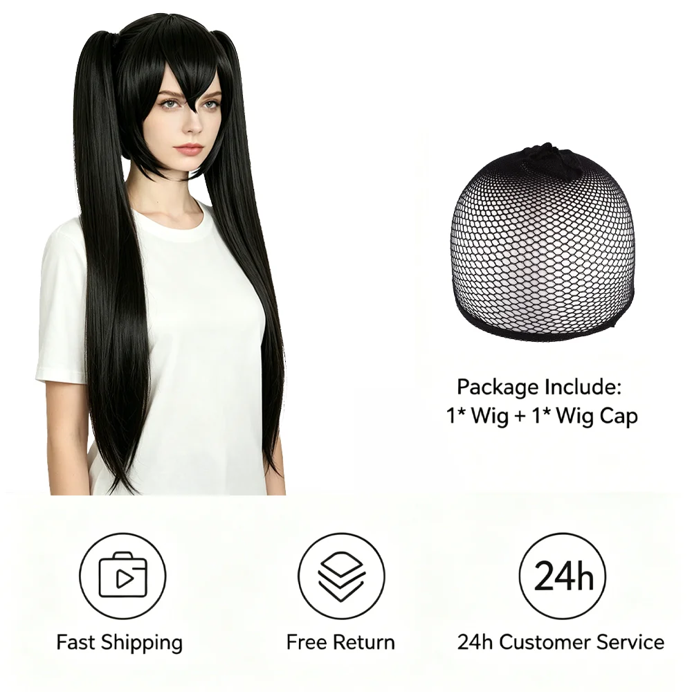 Miku Cosplay Wig 120cm Long Black Straight Wig with 2 Detachable Clip-on Ponytails Heat Resistant Synthetic Anime Wig For Women
